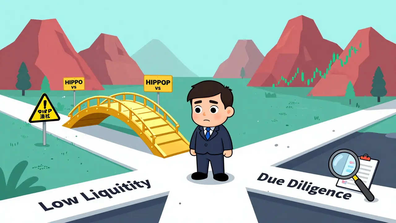 Cartoon investor checking risks like liquidity and token confusion