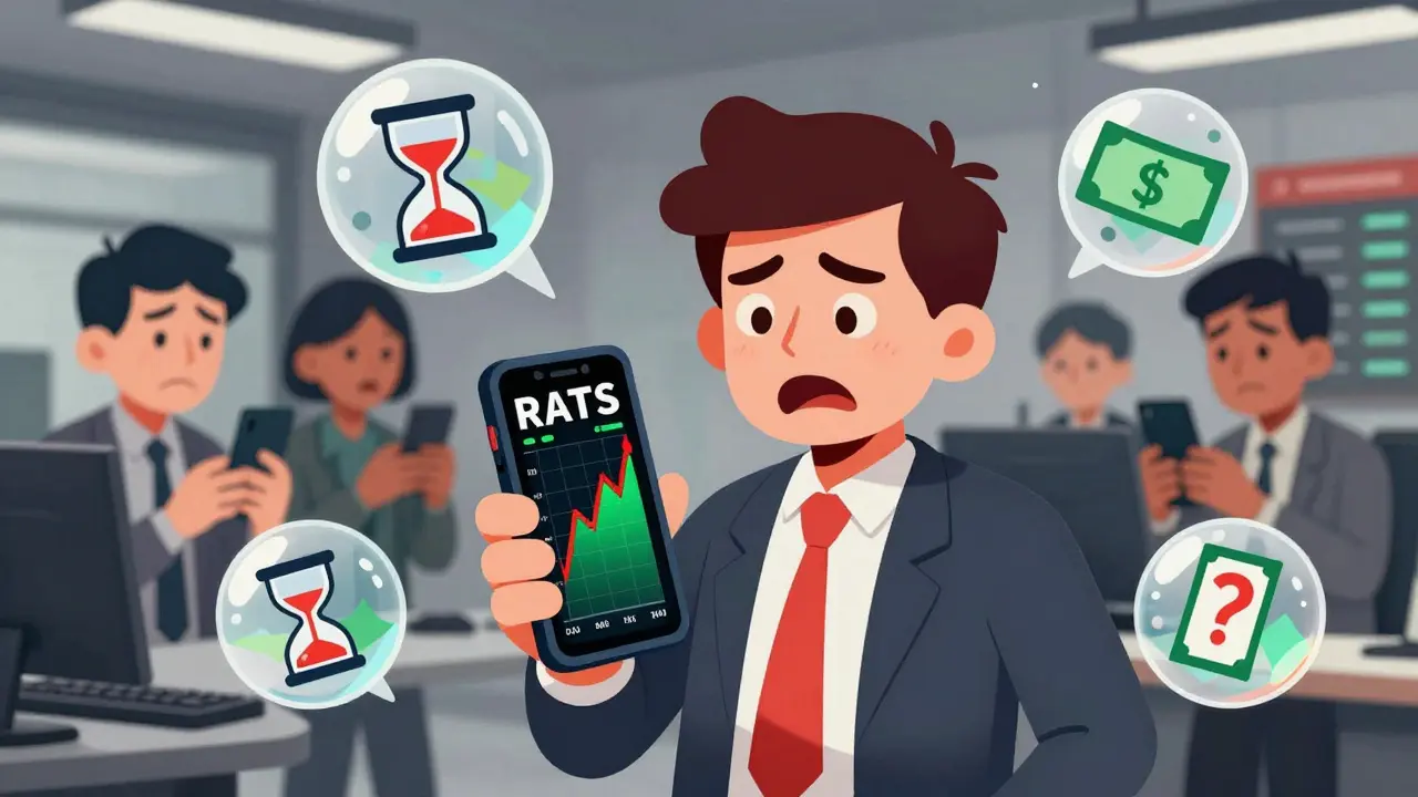 Cartoon investor holding phone showing volatile crypto chart and fee icons