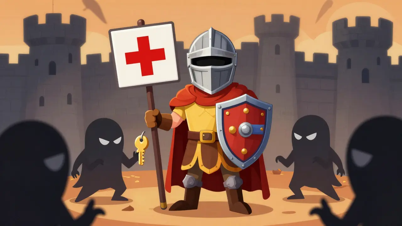 Cartoon knight protecting a wallet from scam goblins