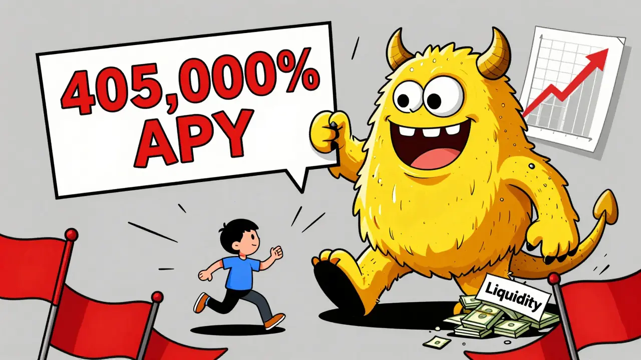 Cartoon monster luring user with fake high APY while stealing liquidity funds.
