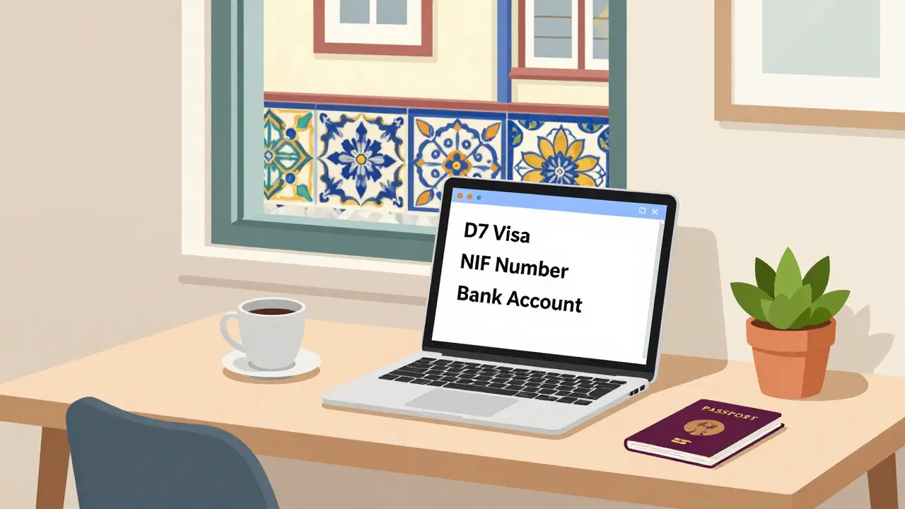 Cartoon of a home office setup in Porto with a relocation checklist for crypto expats.