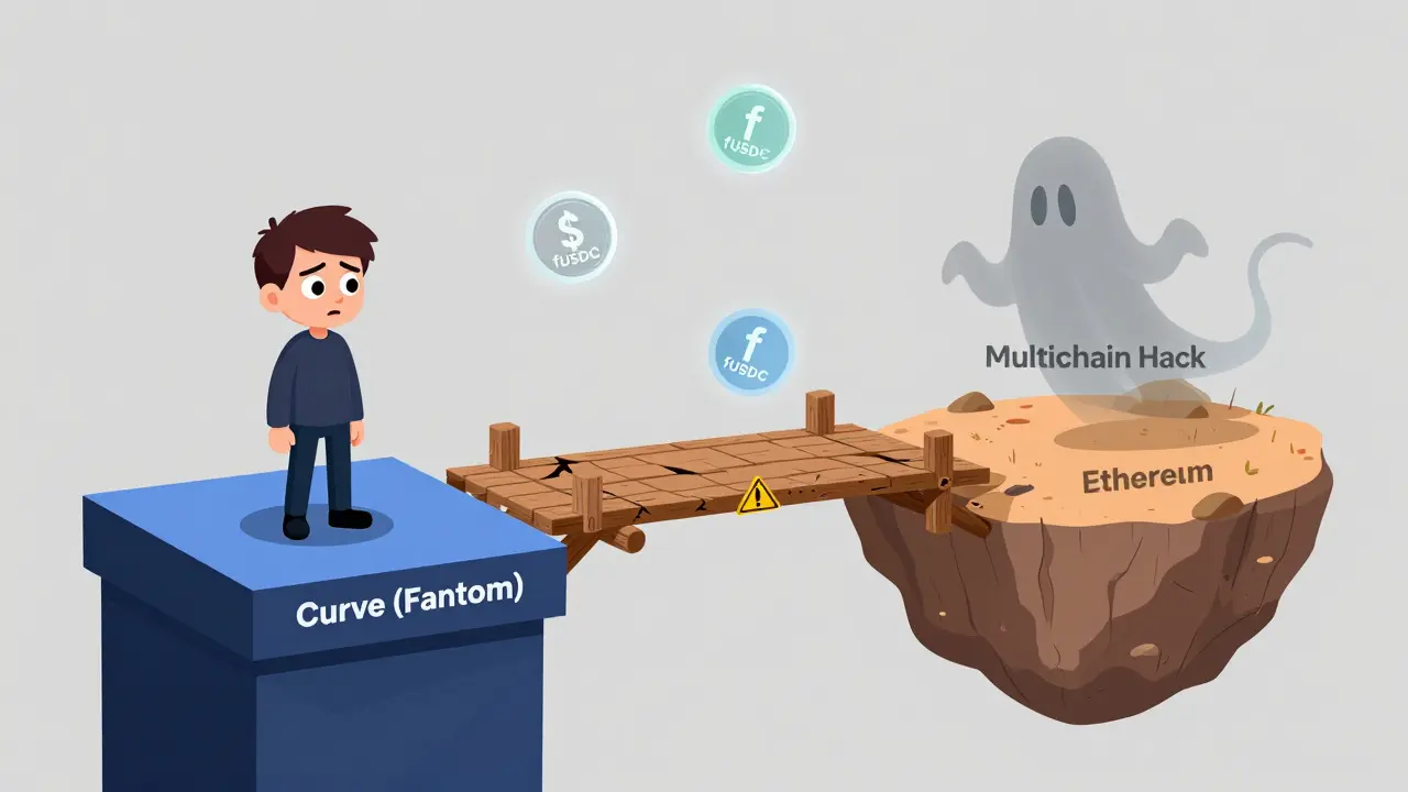 Cartoon of a risky bridge connection for bridged crypto assets