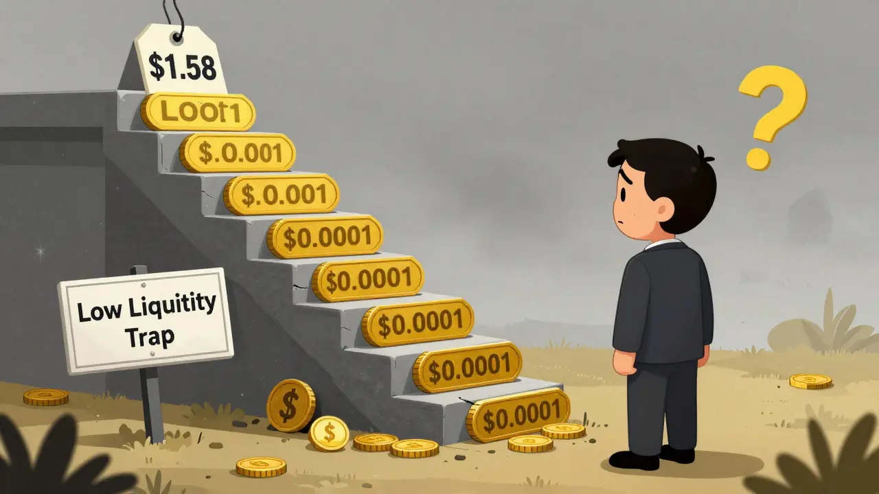 Cartoon of an investor facing a crumbling token staircase leading to low prices.