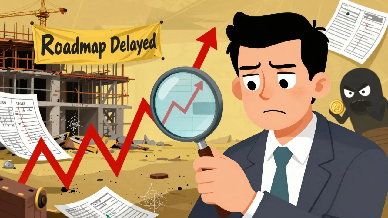 Cartoon of investor examining volatile chart near abandoned project site