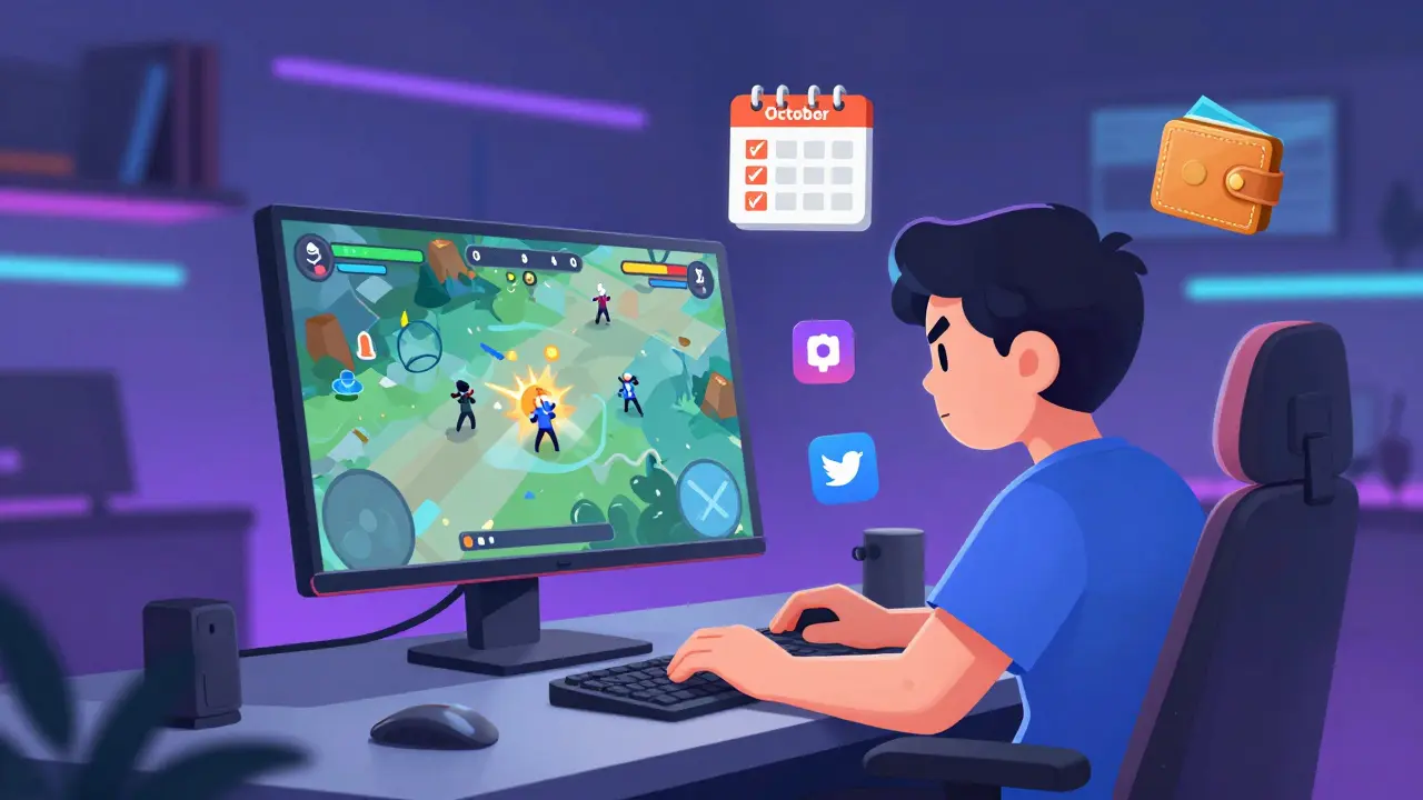 Cartoon player strategizing daily tasks for crypto game rewards