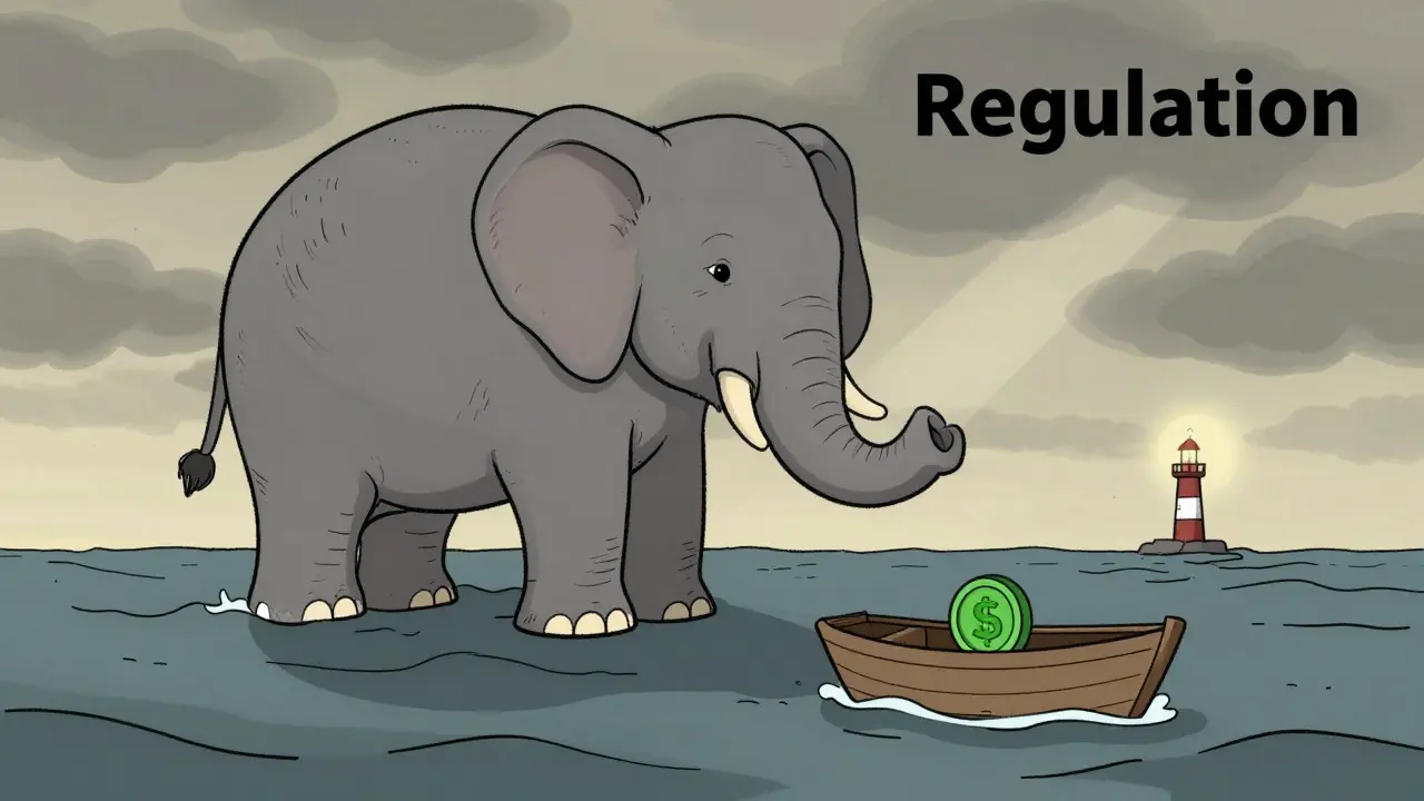 Cartoon showing a small coin boat navigating choppy waters under a large shadow.