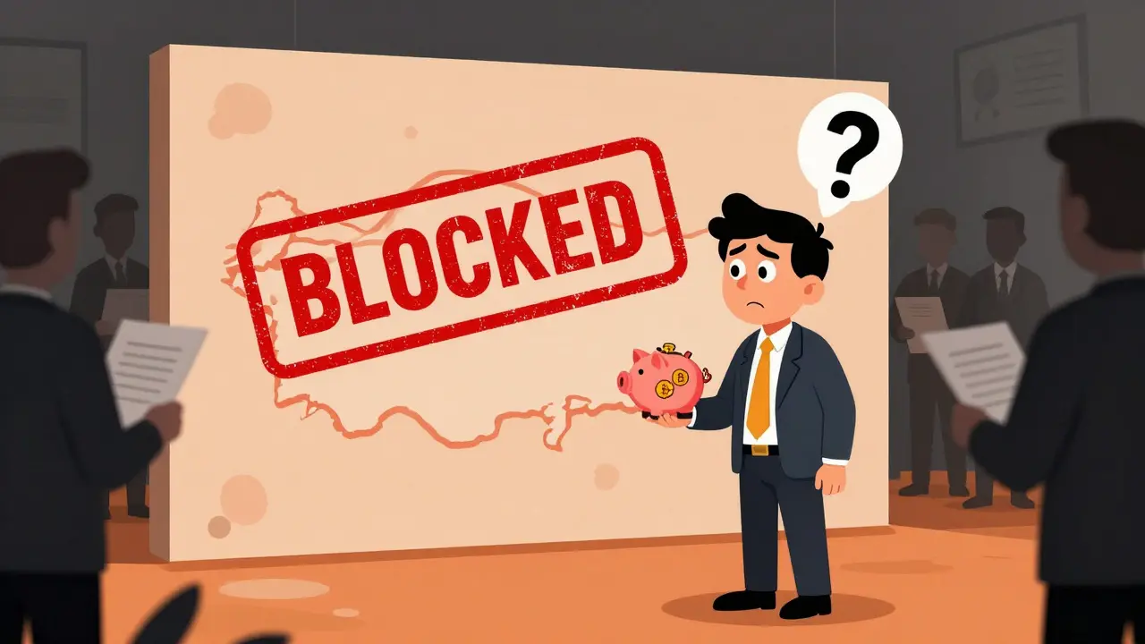 Cartoon showing a trader blocked by regulatory walls with a warning symbol.