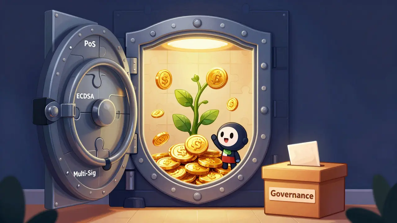 Cartoon showing CRMS token security, staking rewards, and governance