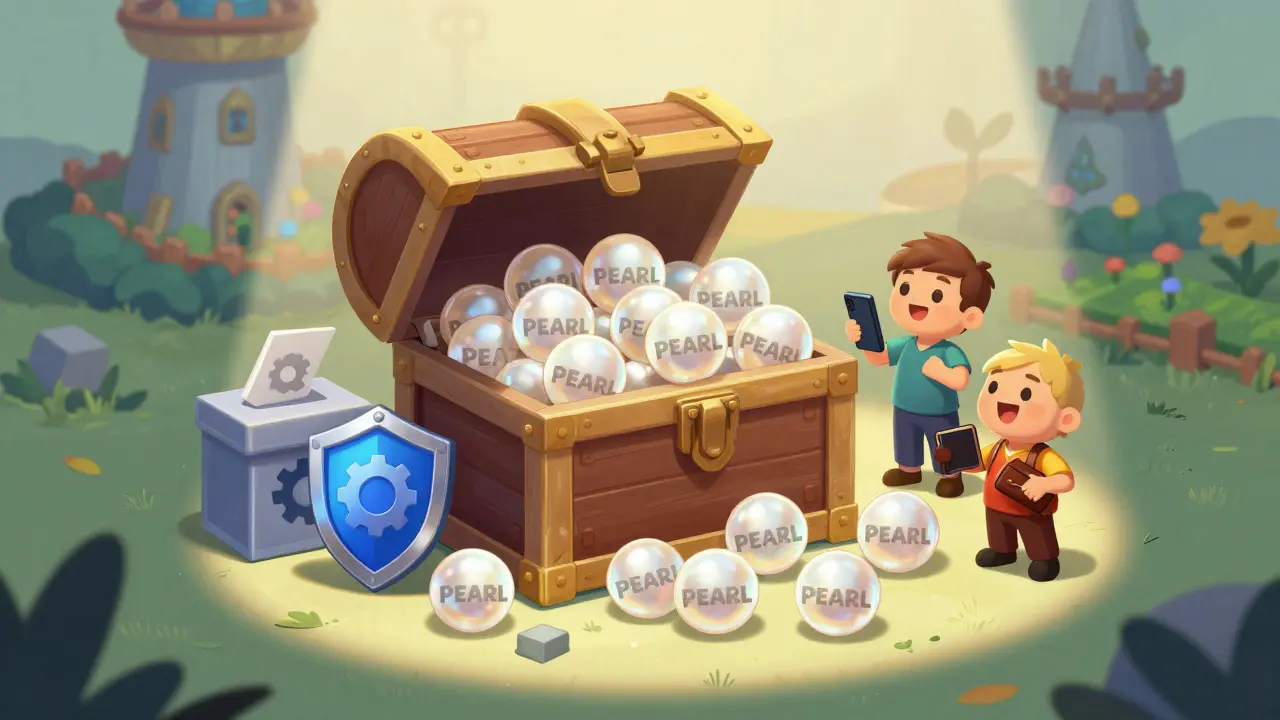 Cartoon treasure chest overflowing with PEARL tokens and utility icons