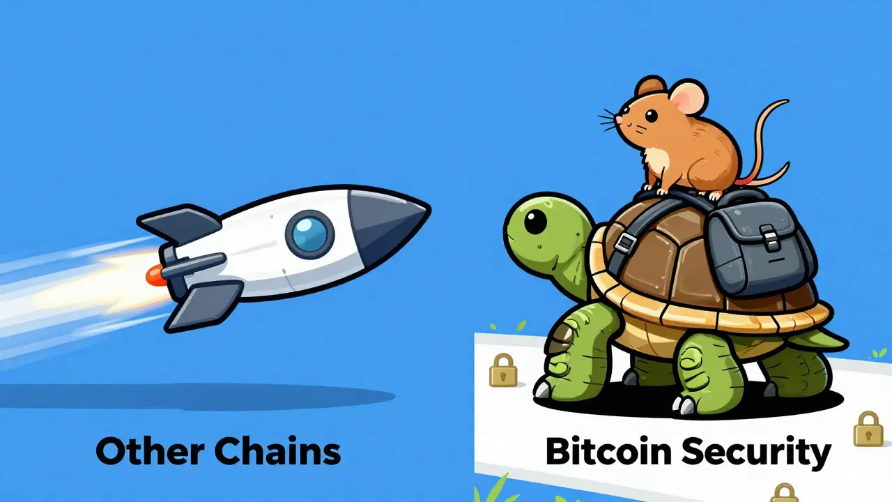 Cartoon turtle with Bitcoin security shield carrying a rat on its back