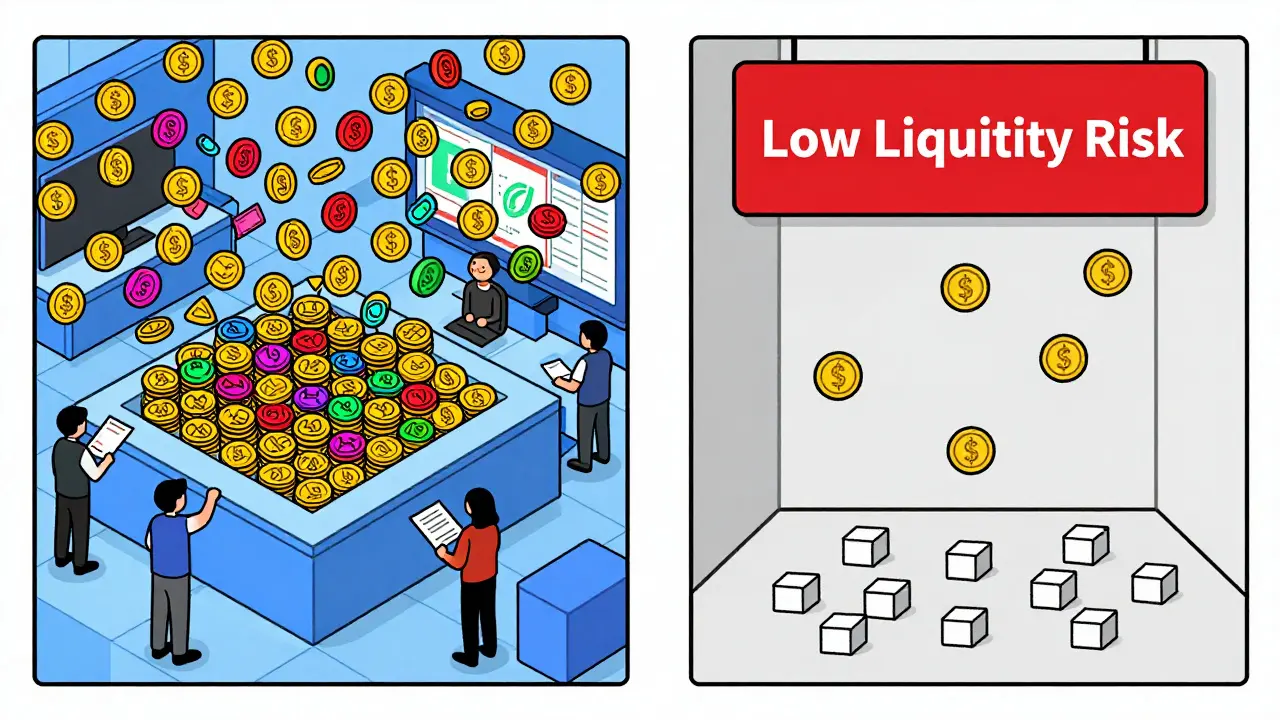 Comparison of busy trading hub vs empty low-liquidity exchange