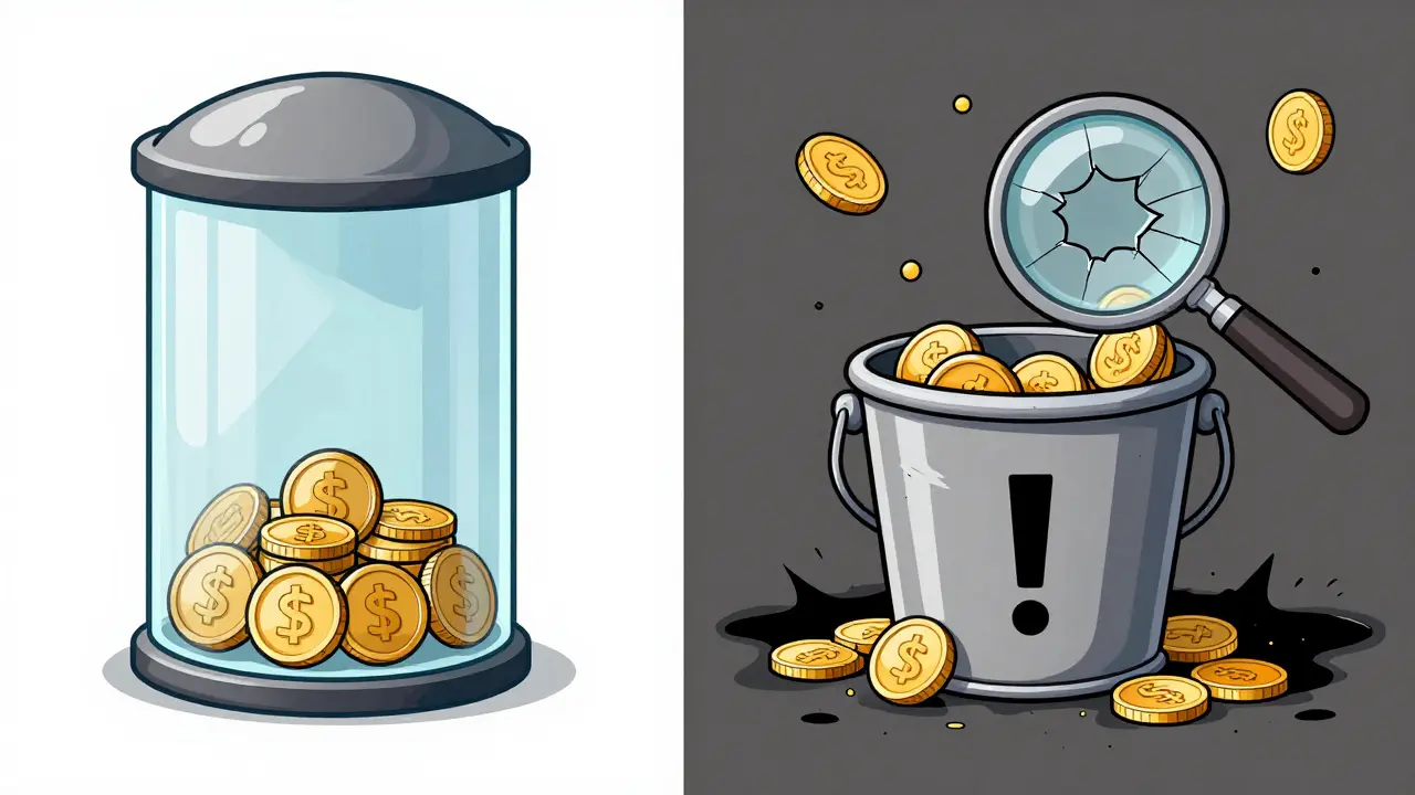 Comparison of safe offline vault vs leaky scam exchange bucket