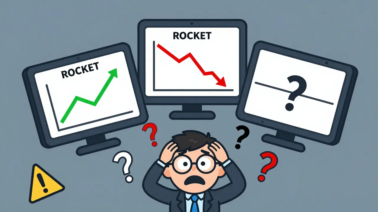 Confused cartoon character looking at three screens with conflicting crypto prices