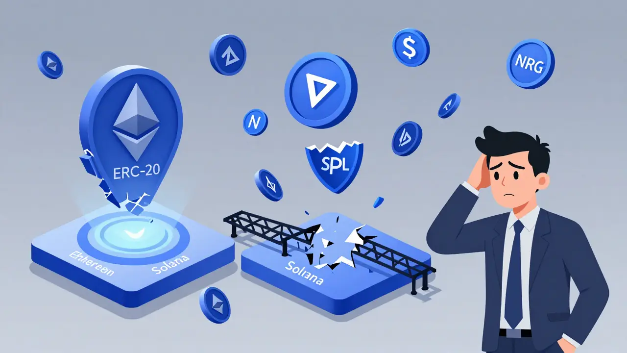Confused investor with fragmented crypto tokens on multiple chains