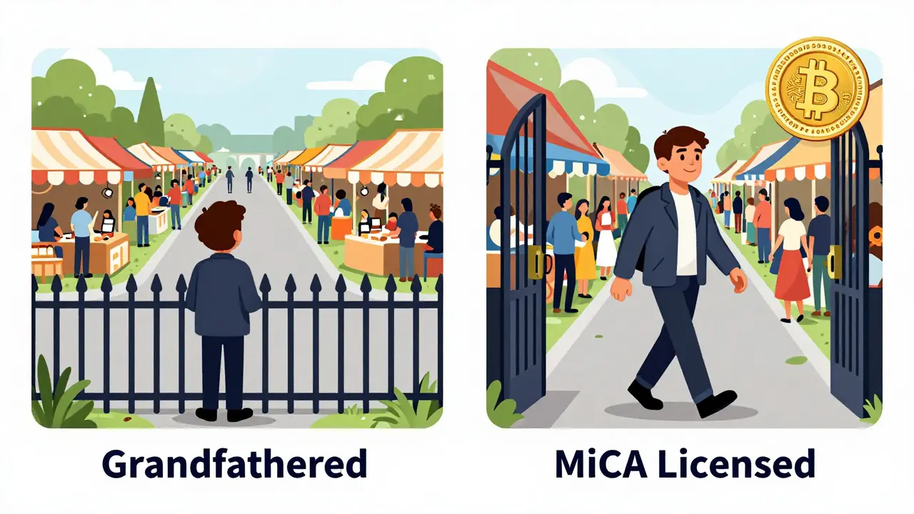 Contrast between restricted grandfathered status and free movement with MiCA license.