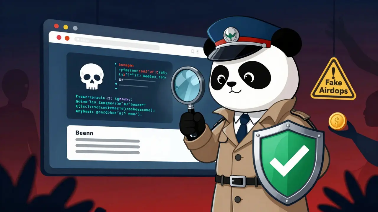 Detective panda verifying security against fake crypto airdrops