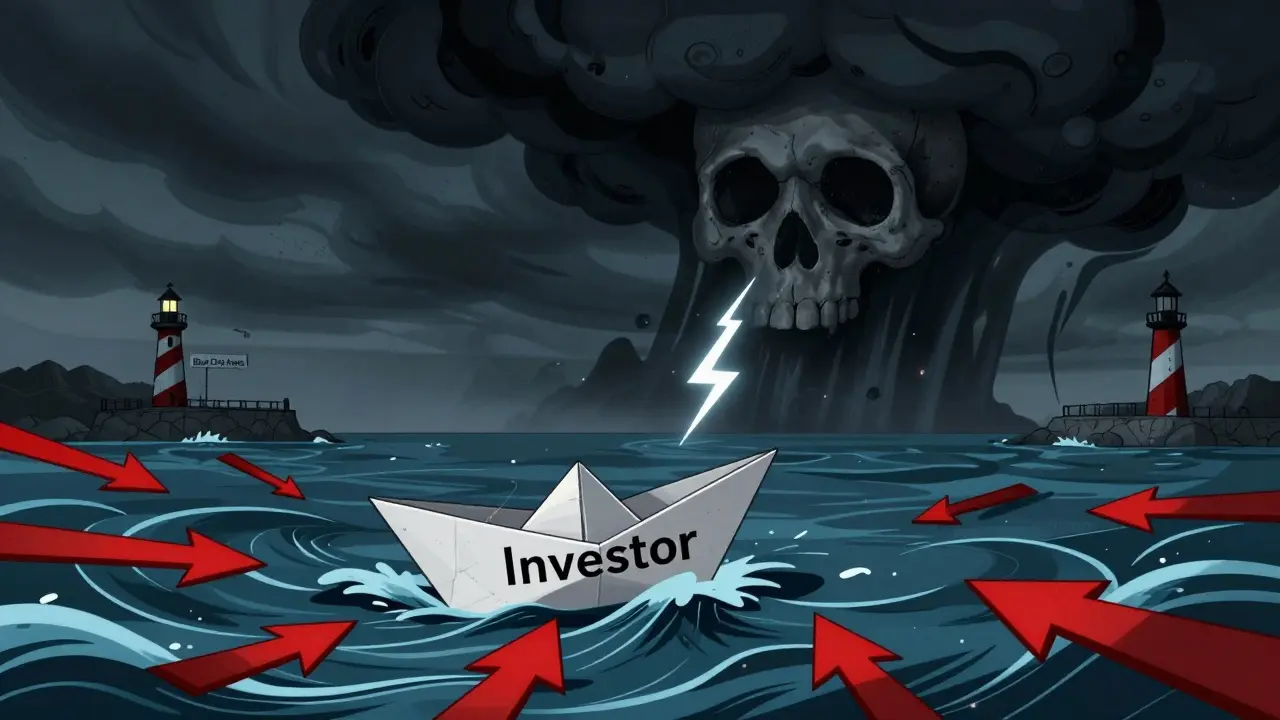 Fragile boat in stormy seas with red arrows and a looming danger cloud