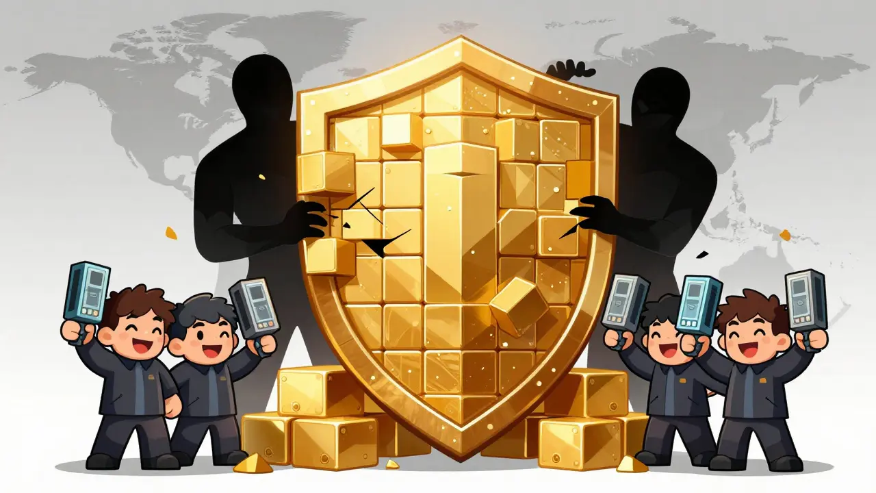 Golden block shield protecting against a shadowy attacker