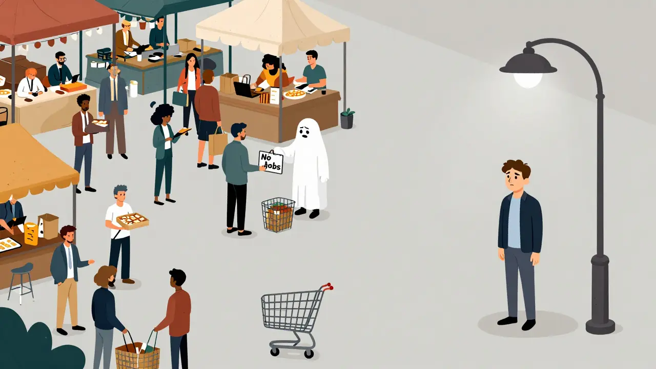Illustration contrasting busy market with empty OrtJob platform plaza