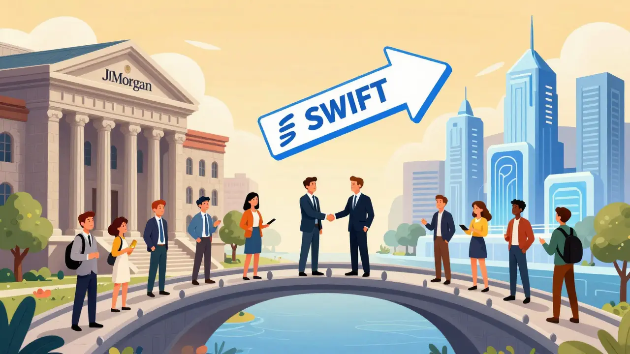 Illustration of a bridge connecting traditional banks with decentralized finance infrastructure.