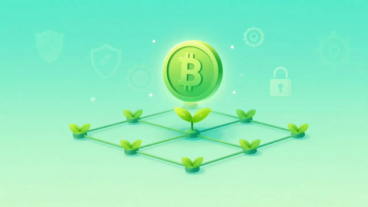 Illustration of a green crypto coin floating on a leaf-shaped blockchain network.