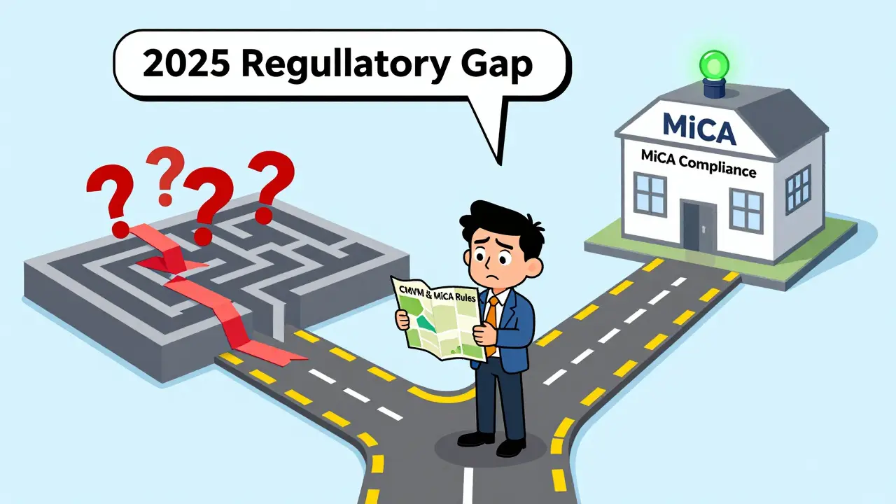 Illustration of a trader navigating regulatory paths between confusion and MiCA compliance.