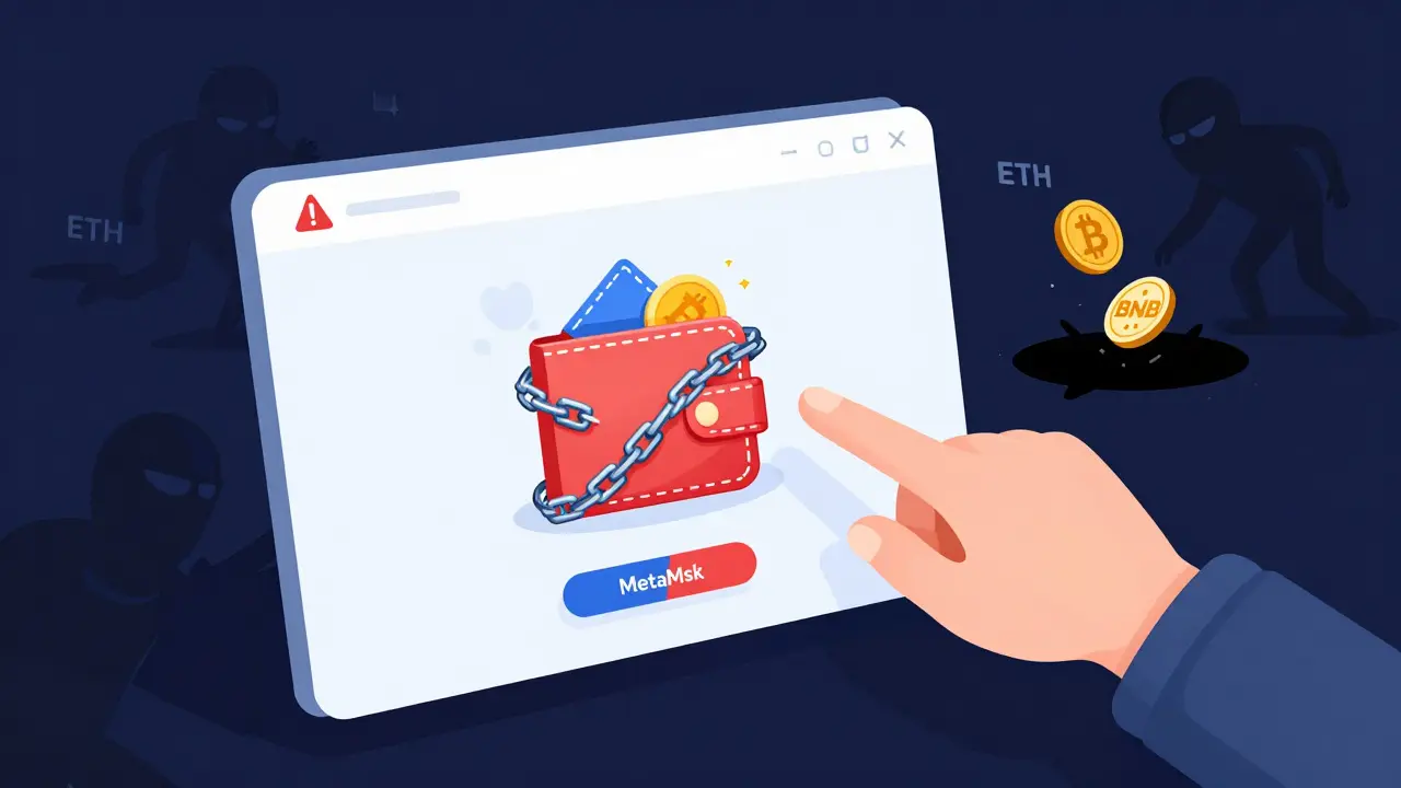 Illustration of a wallet being trapped by chains while scammers drain funds from it.