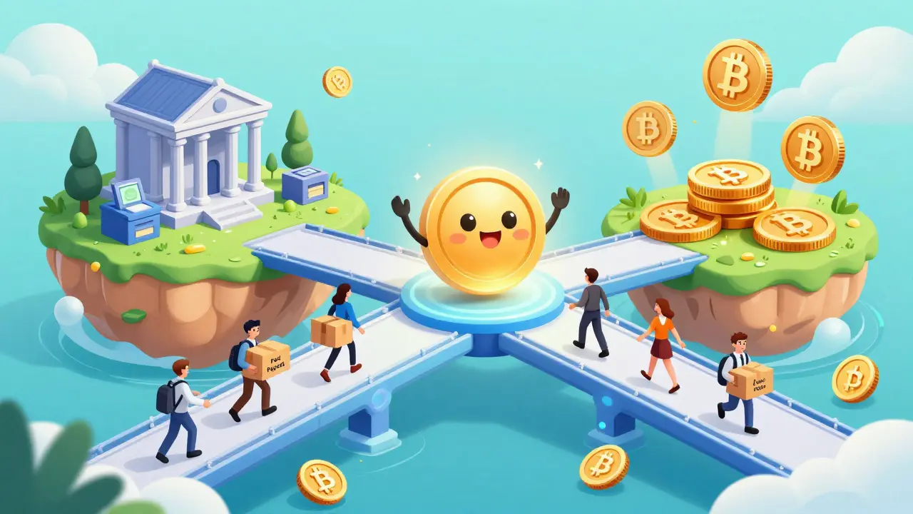 Illustration of Cryptomus bridging traditional finance and crypto assets