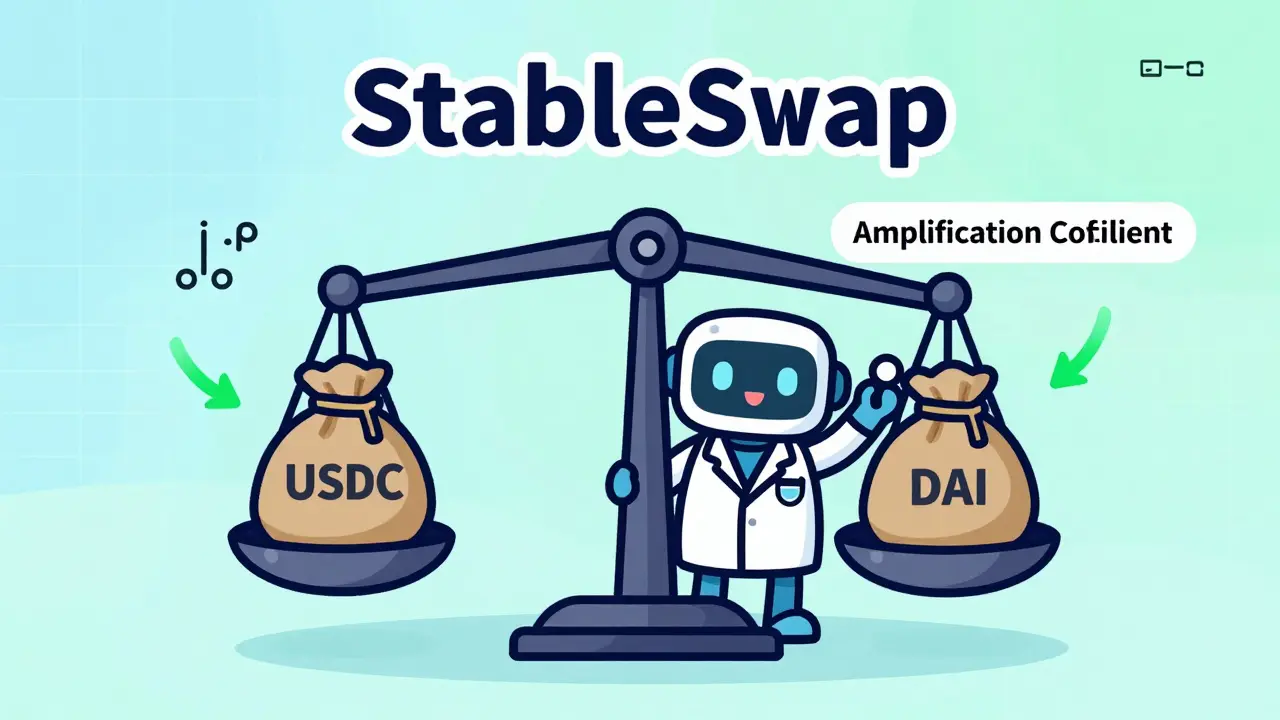 Illustration of stablecoin balance scale with minimal slippage math