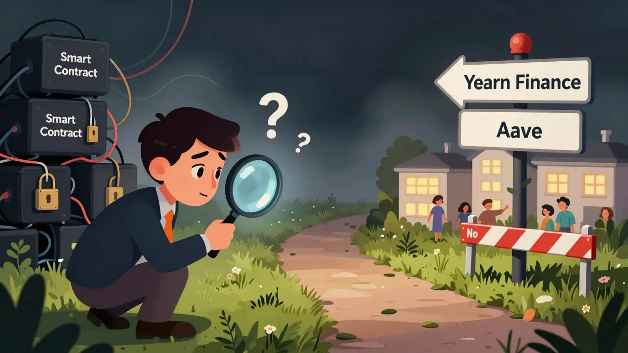 Investor inspecting opaque smart contracts while safer DeFi alternatives shine nearby.