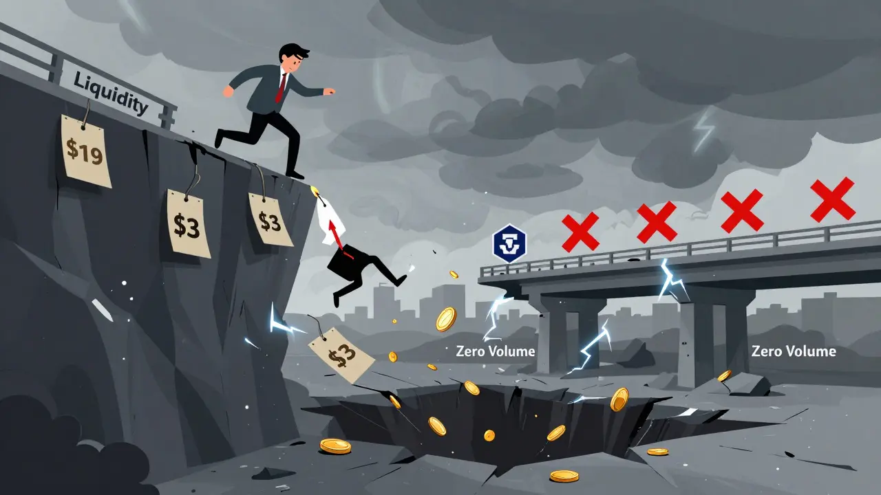 Investor sliding down a liquidity cliff as exchanges delist the token in cartoon style.