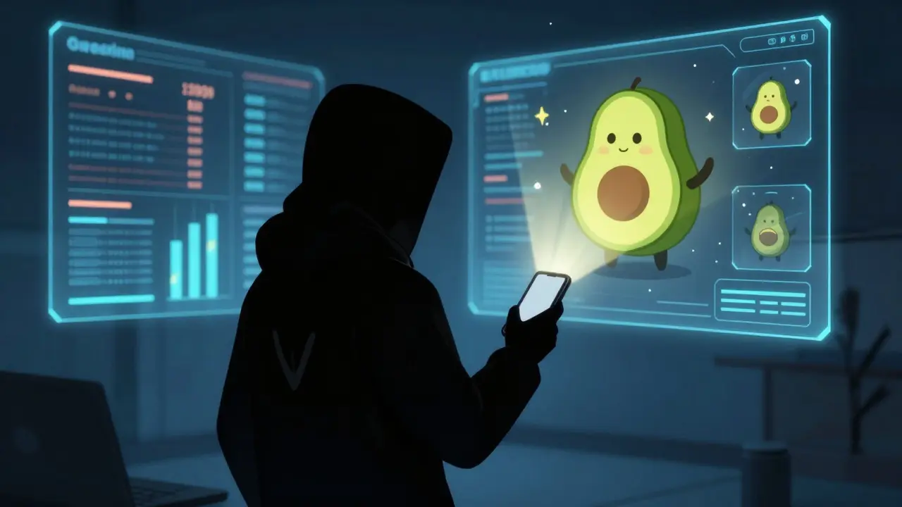 Mysterious anonymous founder projecting avocado cat hologram