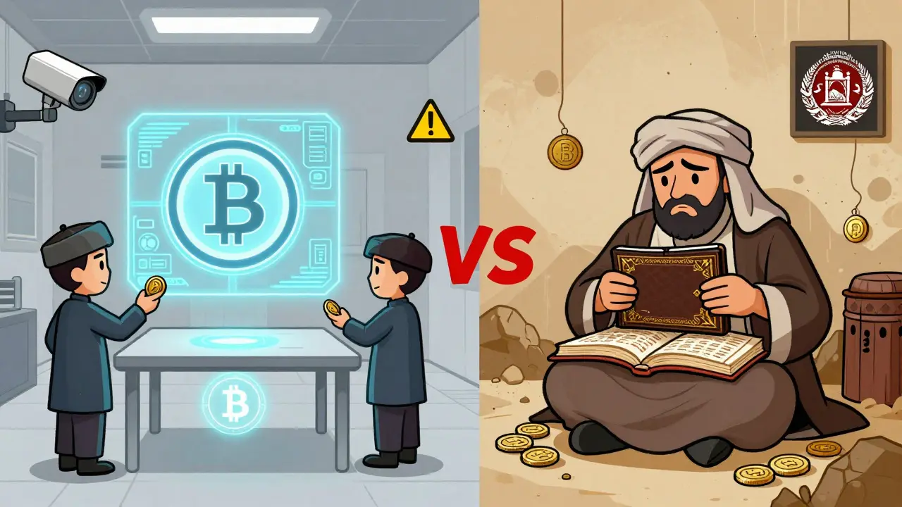 Split cartoon of crypto bans in China and Afghanistan