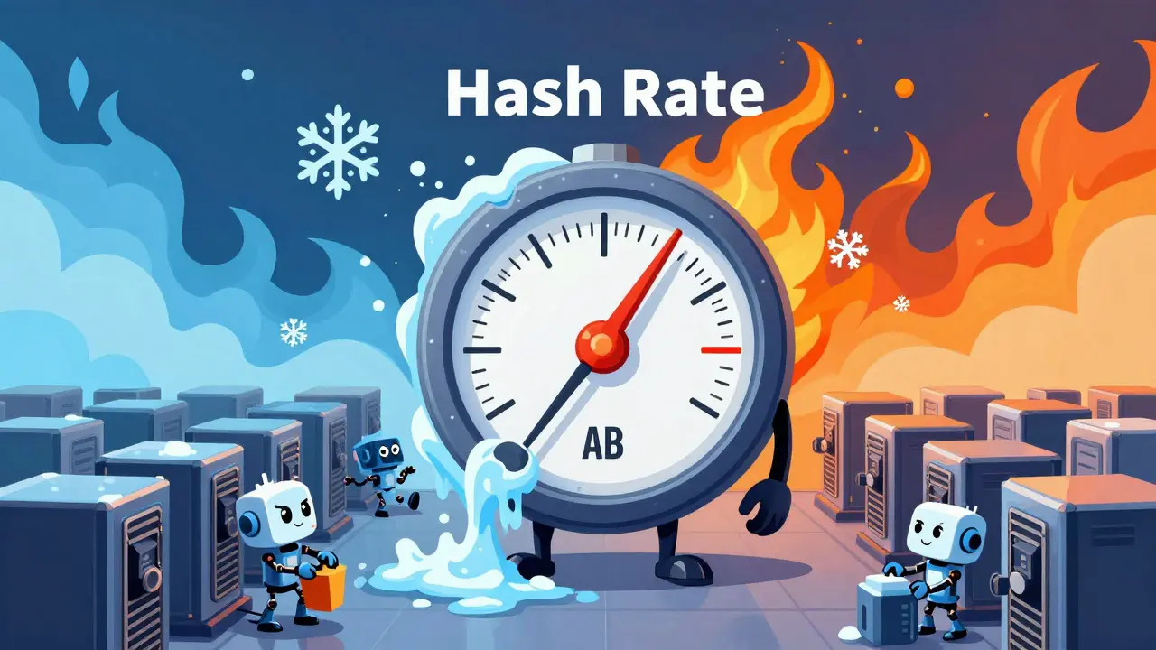 Thermostat controlling heat around cartoon ASIC mining robots