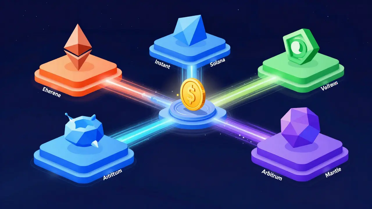 Vibrant cartoon graphic showing AUSD moving across six different blockchain networks.