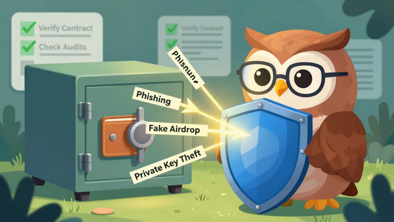 Wise owl protecting crypto wallet from phishing scams and fake airdrops.