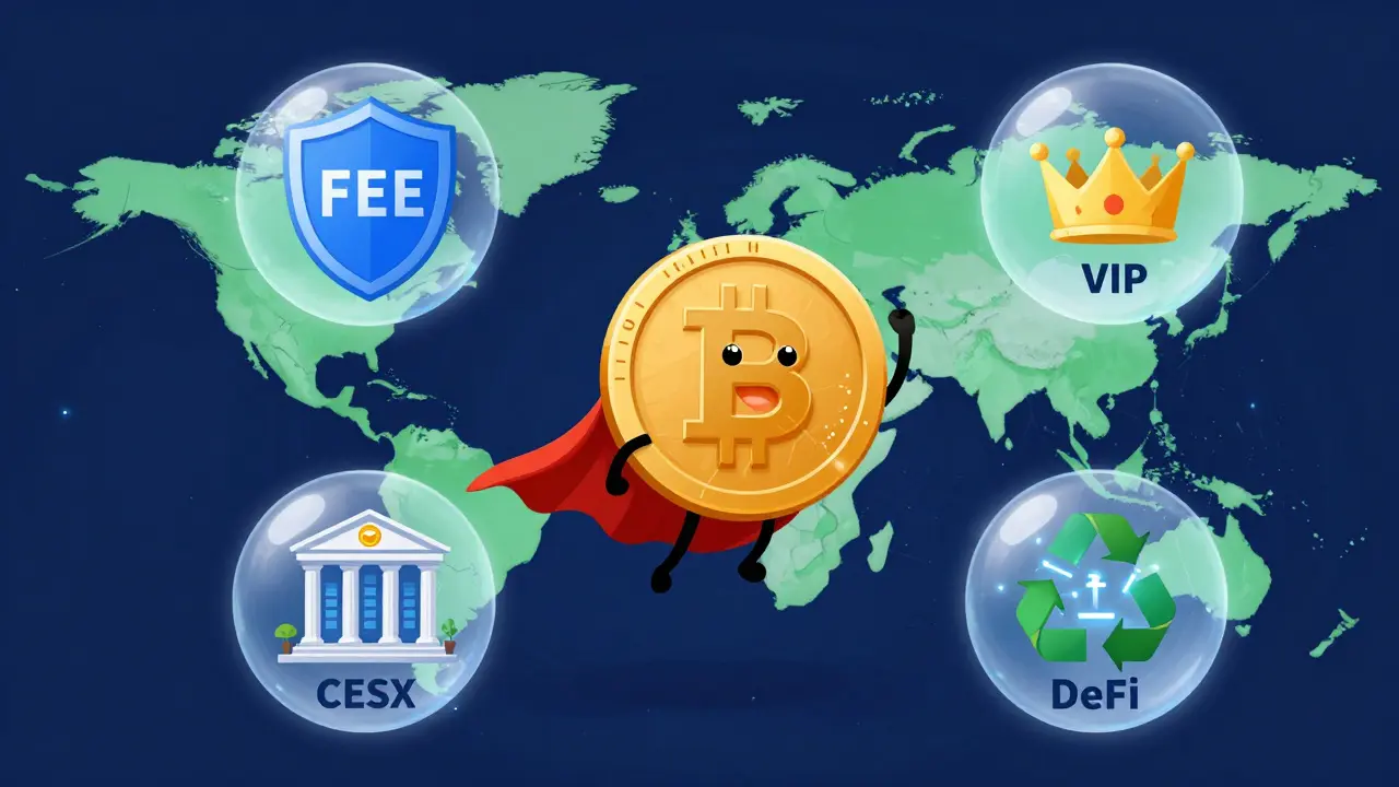 Anthropomorphic BIT token showcasing utilities like fee discounts and governance.