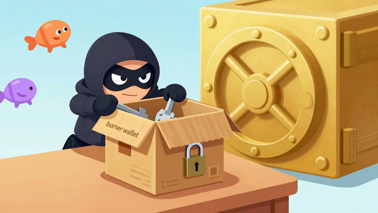Burner wallet protecting assets from cartoon hacker attempts
