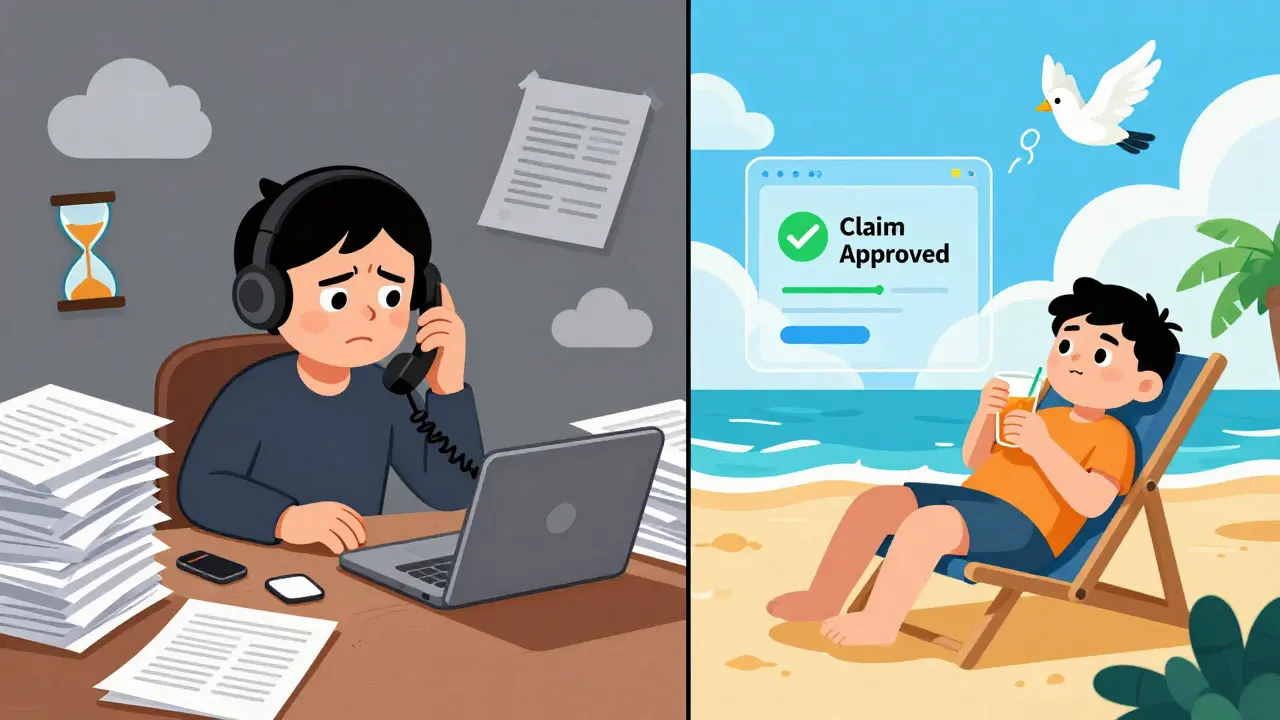 Cartoon comparing slow traditional insurance paperwork with fast, automated blockchain claim approval.