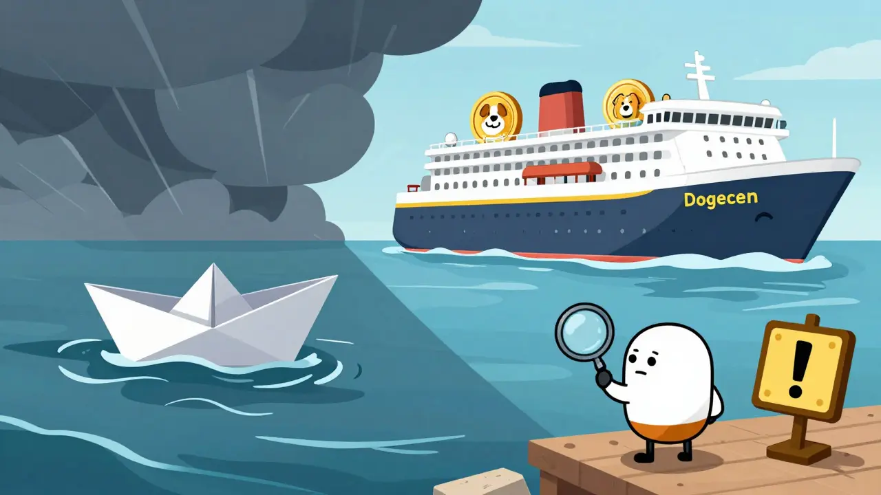 Cartoon comparison of a small boat on stormy seas vs a large ship