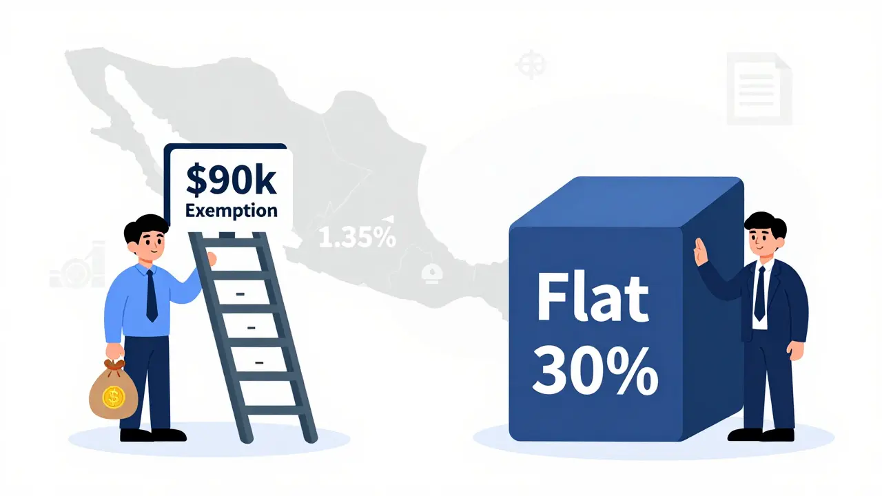 Cartoon comparison of individual progressive vs corporate flat 30% crypto tax rates