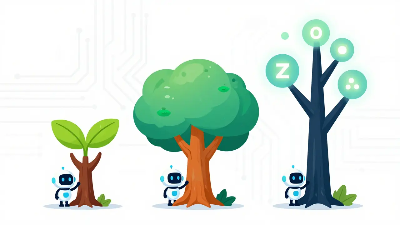 Cartoon diagram showing three stages of Zcash tech evolution as growing tree branches with robots.