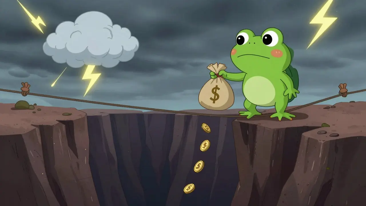 Cartoon frog walking tightrope over abyss with leaking money bag