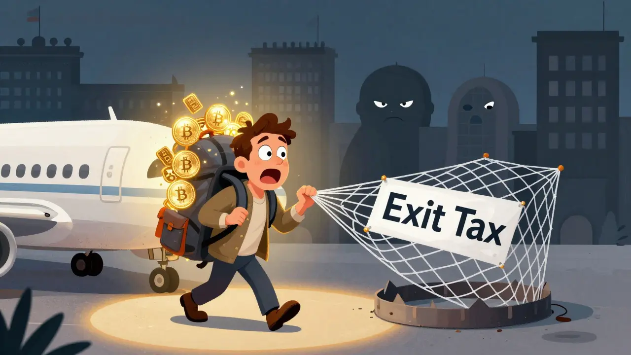 Cartoon illustration of a traveler caught in an exit tax net while leaving with crypto