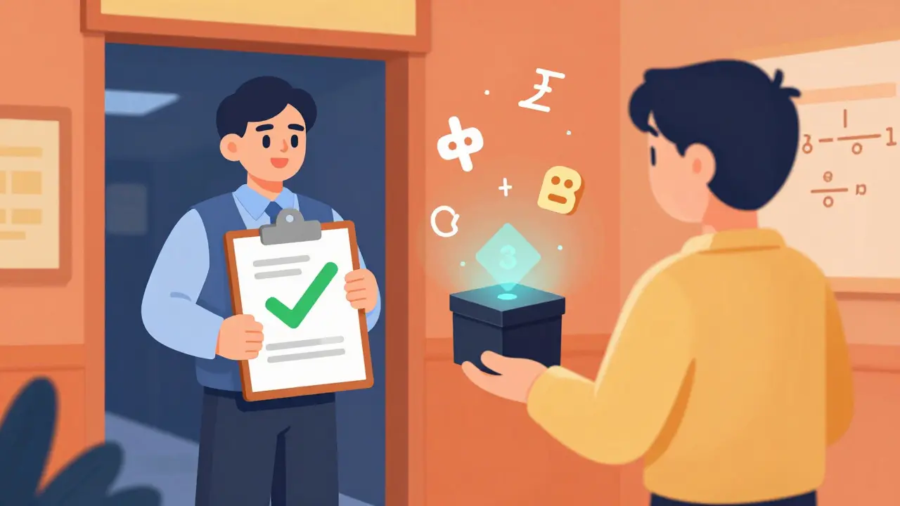Cartoon illustration of a user proving age to a bouncer using a magic box instead of an ID card.
