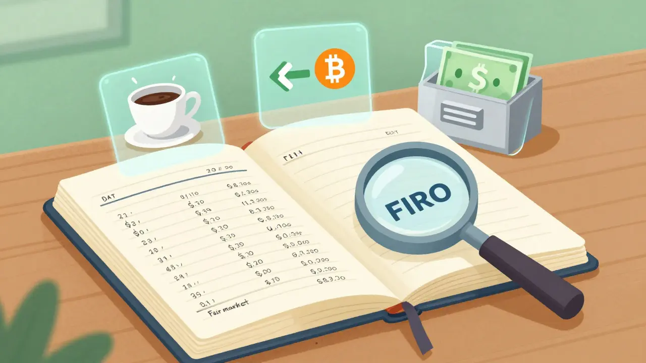 Cartoon ledger showing FIFO record keeping for various crypto taxable events