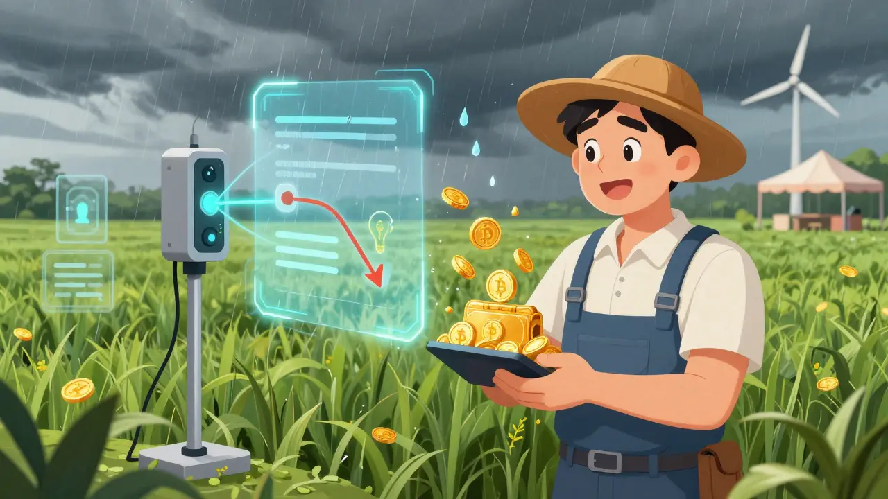 Cartoon of a farmer receiving instant parametric insurance payout triggered by weather data sensors.