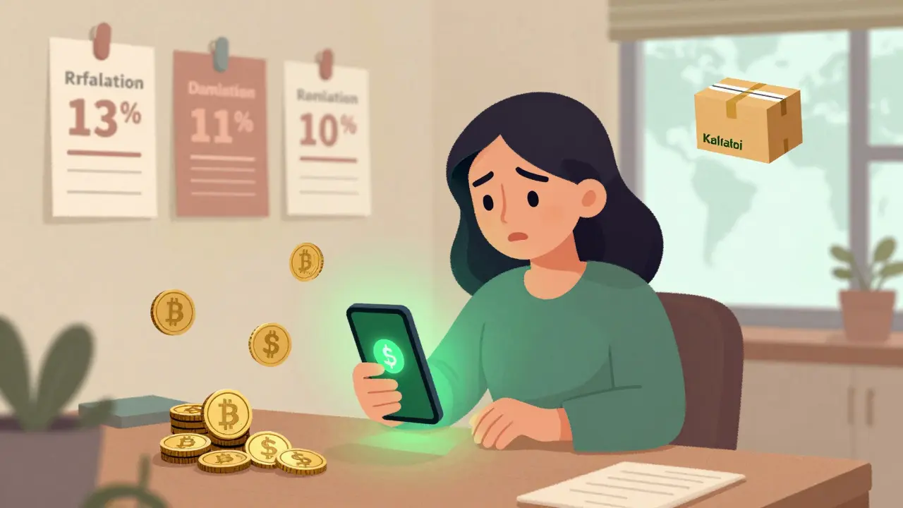 Cartoon of a woman using stablecoins to protect savings from inflation and send remittances.