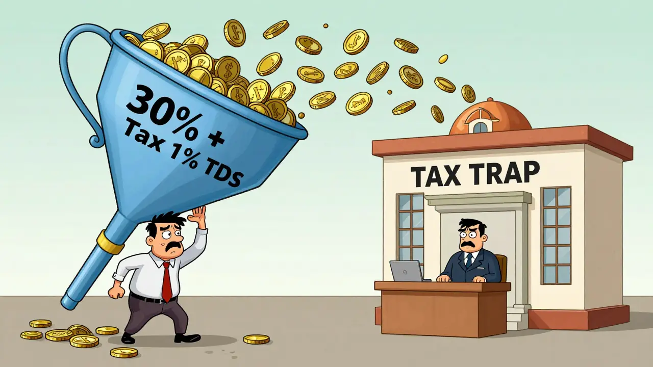 Cartoon of Indian user losing money to high taxes and transaction fees
