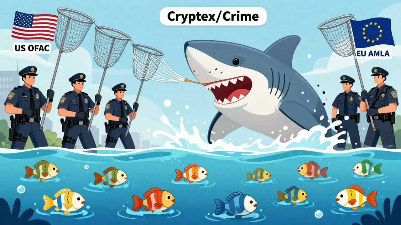 Cartoon showing authorities catching big criminals while regular users stay safe